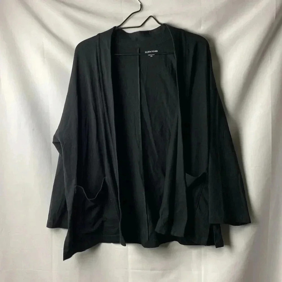 EILEEN FISHER WO SIZE LARGE OPEN FRONT CASUAL JACKET BLACK ORGANIC COTTON CLEAN - Picture 2 of 11